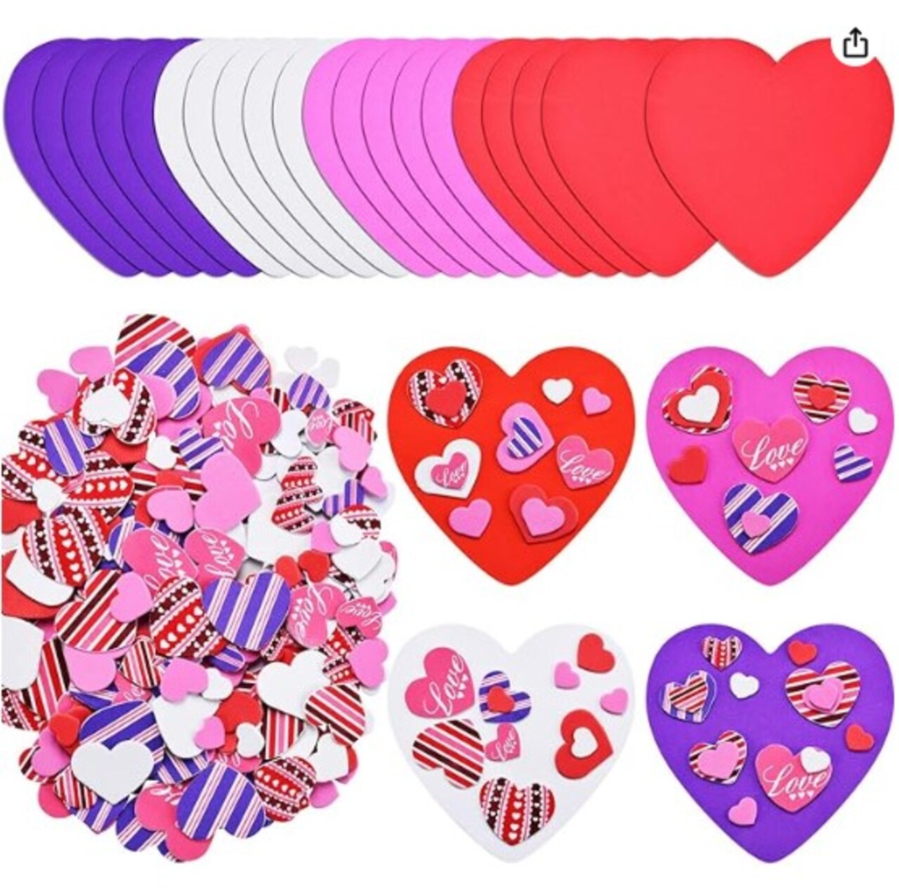 20 colorful foam hearts and 300 self-adhesive heart foam stickers for Valentine's Day DIY craft supplies.